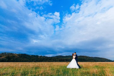 Mavi doymuş gökyüzünün arka planında çiftler var.