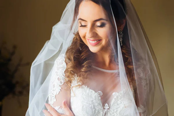 Primo Piano Della Sposa Con Velo Nuziale Abito Sposa Bel — Foto Stock