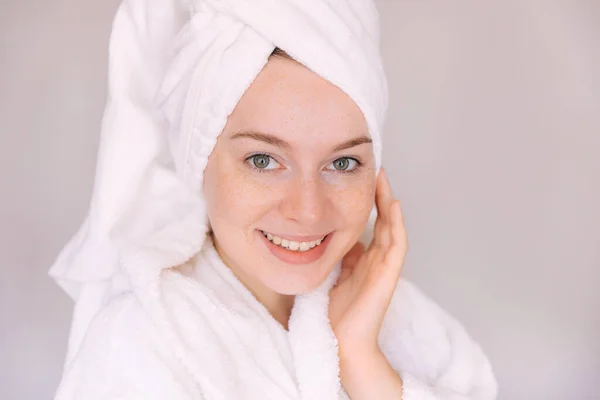 Young Woman Bathrobe Towel Her Head — Stock Photo, Image