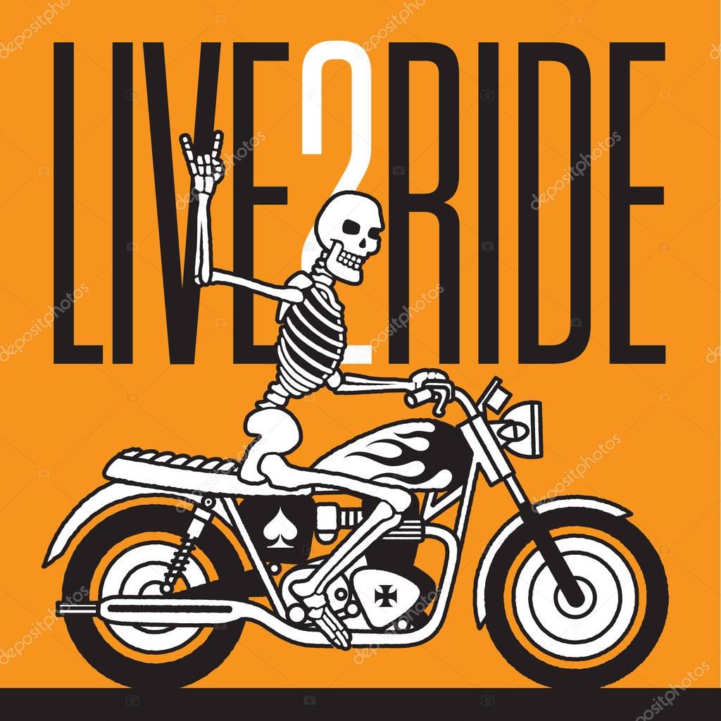 Vector logo or badge featuring a skeleton giving the two fingered devils horns heavy metal salute while riding a vintage motorcycle.