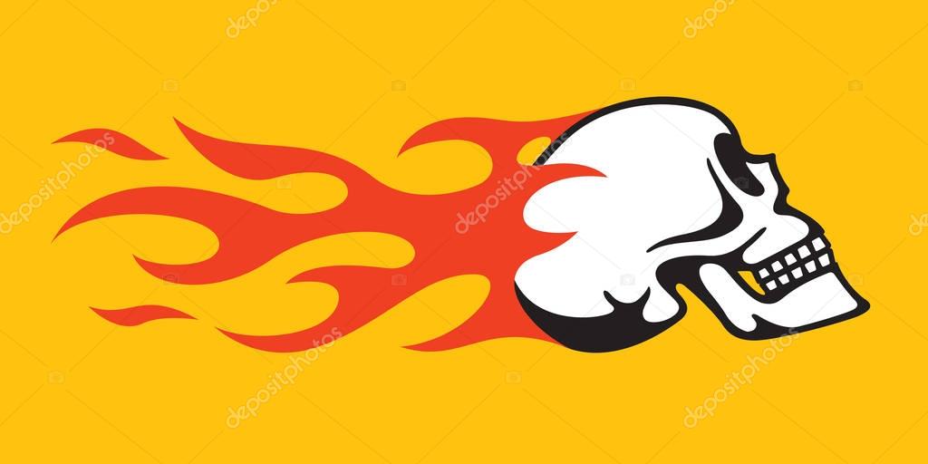 Vintage style vector illustration of speeding flaming skull from the side.