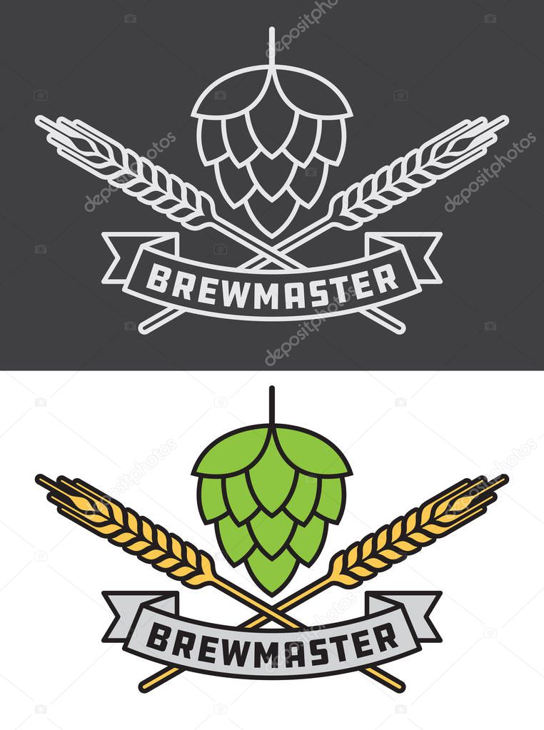 Brewmaster icon or logo graphic. Shows hops over crossed barley or wheat with brewmaster banner. Includes color and black and white versions, Great for logo, label, tattoo, etc.