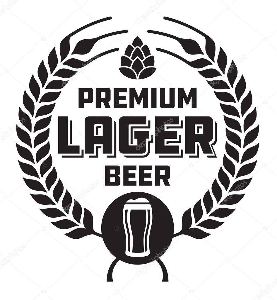 Craft beer vector design features wheat or barley wreath, hops and glass of beer.
