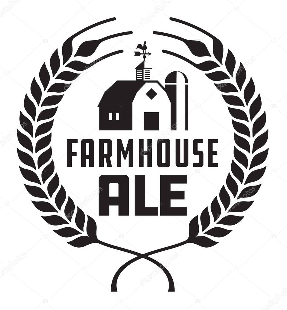 Craft beer vector design features wheat or barley wreath with barn, silo and weather vane.