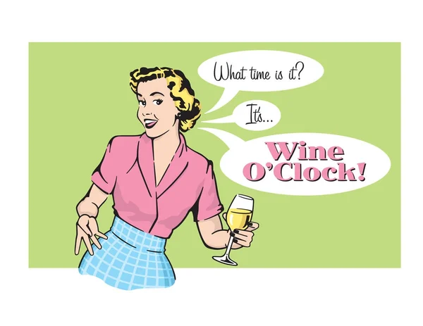 Wine OClock Retro Housewife Vector Graphic. — Stock Vector