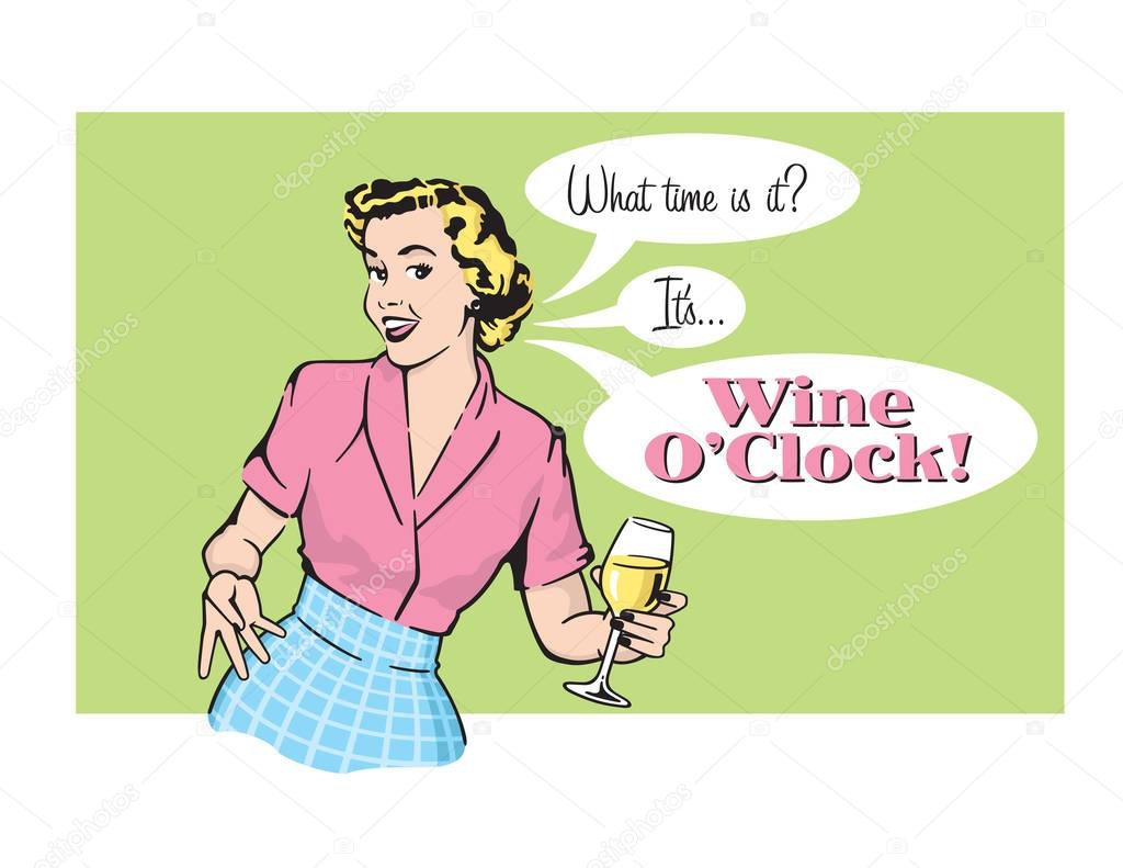Wine OClock Retro Housewife Vector Graphic.