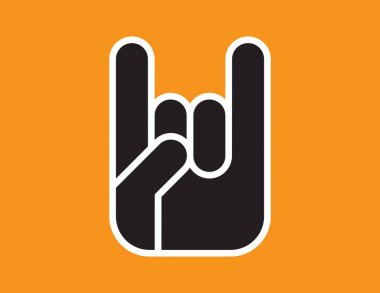 Klasik rock and roll yapma stilize el düz vektör çizim boynuzları el işareti renkli Radyal arka plan karşı şeytan.