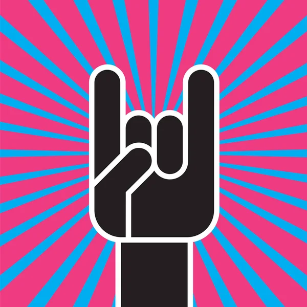 Ilustração vetorial plana de mão estilizada fazendo o clássico rock and roll diabos chifres mão sinal contra fundo radial colorido . —  Vetores de Stock