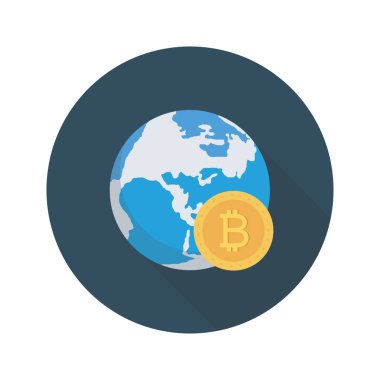 Bitcoin konsepti, düz ikon, vektör illüstrasyonu. dünya ve Bitcoin 