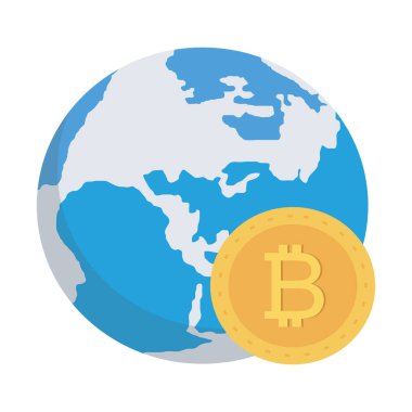 Bitcoin konsepti, düz ikon, vektör illüstrasyonu. Bitcoin ve dünya