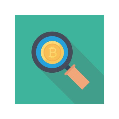 Bitcoin düz ikonu, vektör, illüstrasyon. Bitcoin ile büyüteç