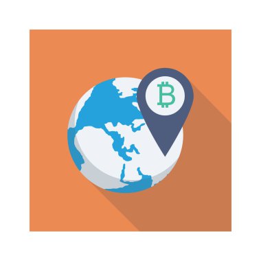 Bitcoin düz simgesi, vektör, illüstrasyon. bitcoin işaretleyicili dünya