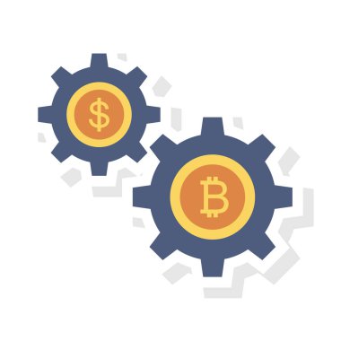 Bitcoin düz simgesi, vektör illüstrasyonu. Bitcoin ve dolar dişlileri