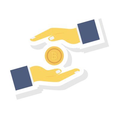 Bitcoin düz simgesi. Vektör çizimi. Bitcoin ve eller