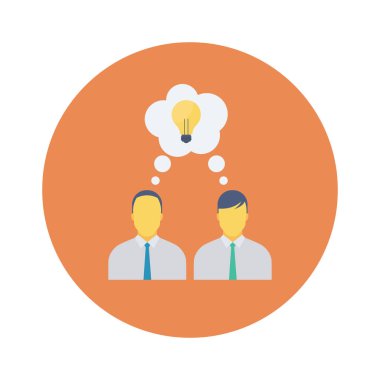Vektör çizimi. Takım çalışması düz daire simgesi. Fikir ampulü olan iş adamları 