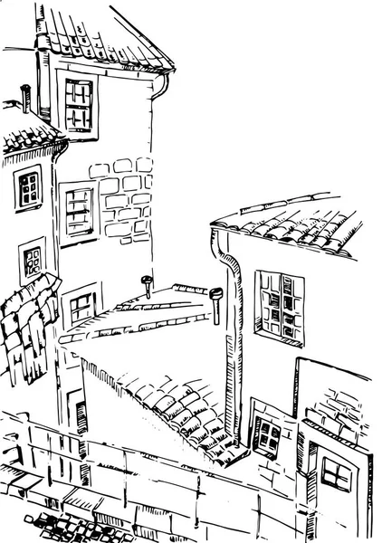 Croquis dessin de la vieille maison avec vue sur la rue de toit de tuile — Image vectorielle