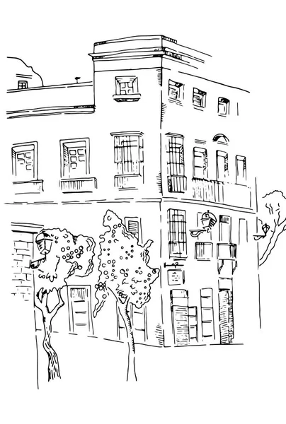 Vieille maison dessinée à la main dans la rue — Image vectorielle