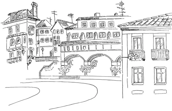 Croquis Vue Sur Rue Lisbon Avec Arbres Maisons — Image vectorielle