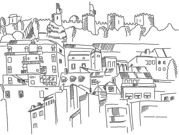 Croquis Lisbonne Vue Sur Ville Avec Château — Image vectorielle