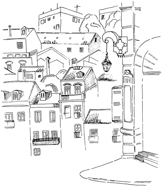 Croquis Lisbonne Vue Rue Pour Lampadaire Nom Rue Maisons — Image vectorielle