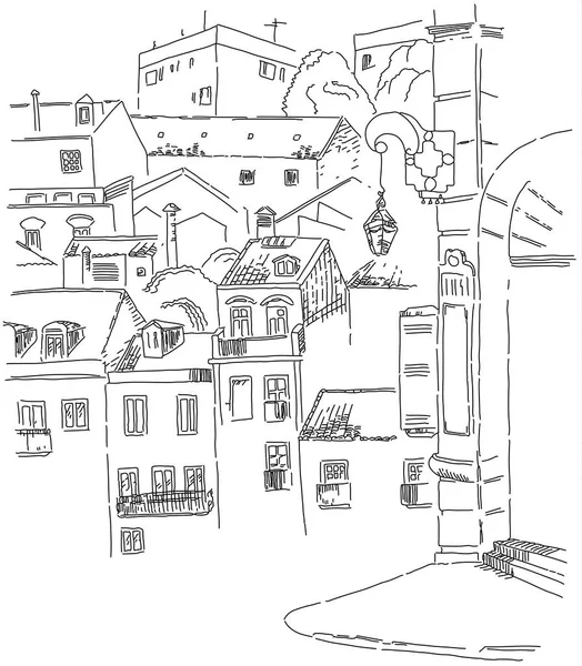 Croquis Lisbonne Vue Rue Pour Lampadaire Nom Rue Maisons — Image vectorielle