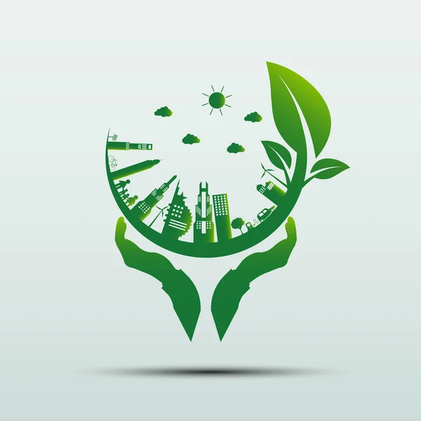 Ecología.Las ciudades verdes ayudan al mundo con el concepto ecológico ideas.vector ilustración — Vector de stock