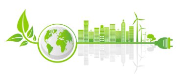 Ekoloji tasarrufu dişli kavramı ve çevresel sürdürülebilir enerji geliştirme, vektör illüstrasyon 