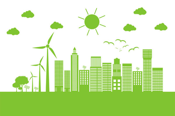 Зеленые города помогают миру с экологически чистой концепцией ideas.vector иллюстрации
 