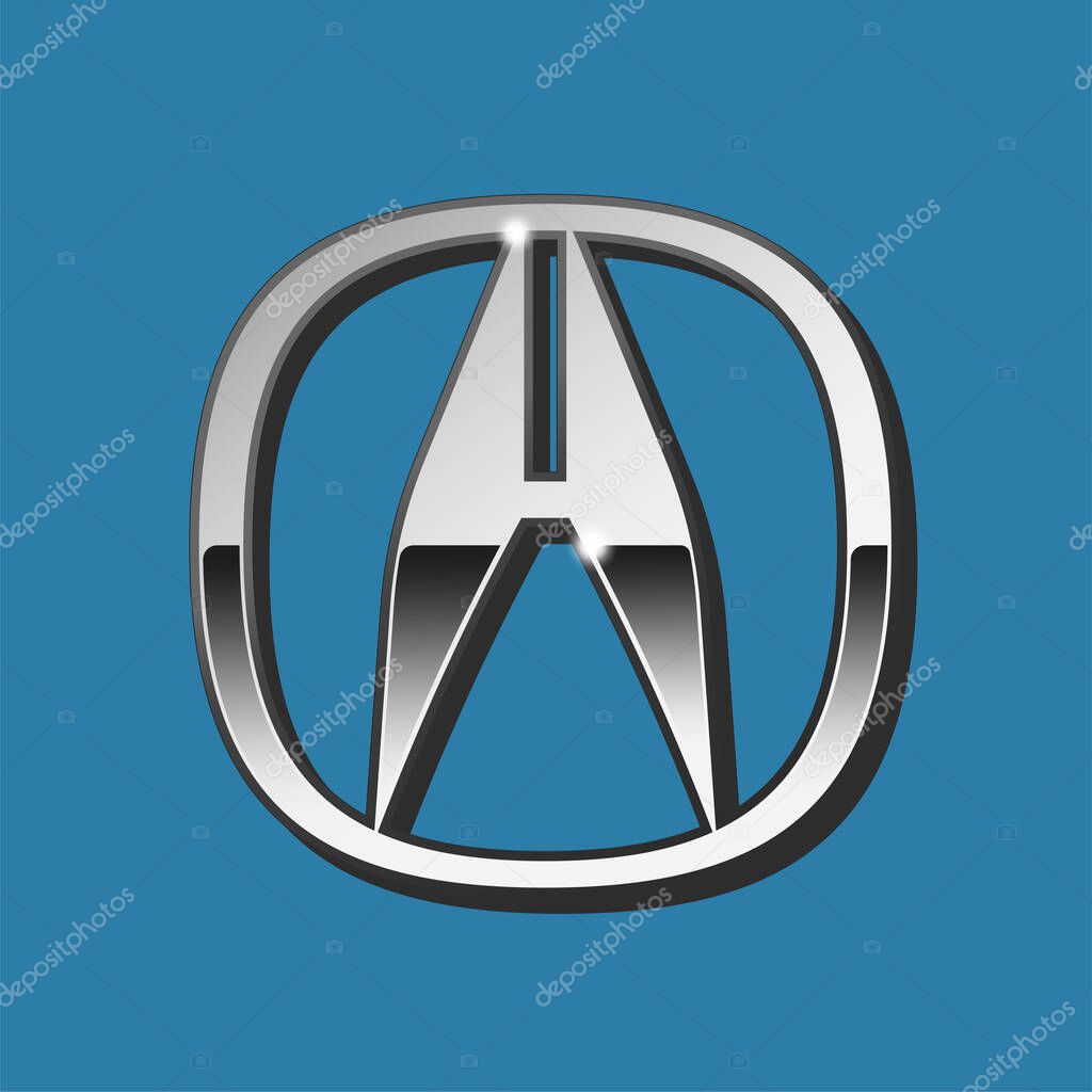 The close up vector of silver 3D Acura logo on blue background. Isolated