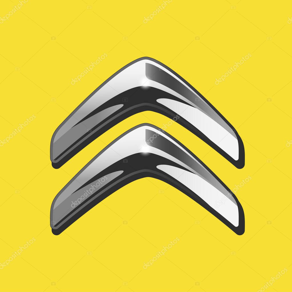 The close up vector of silver 3D Citroen logo on yellow background. Isolated