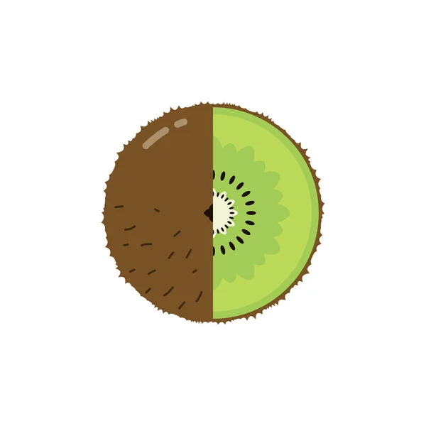 Kiwi σφαίρα φρούτων με το λογότυπο μισή φέτα, επίπεδη εικονίδιο σχέδιο πρότυπο έννοια απομονωμένο σε λευκό φόντο — Διανυσματικό Αρχείο