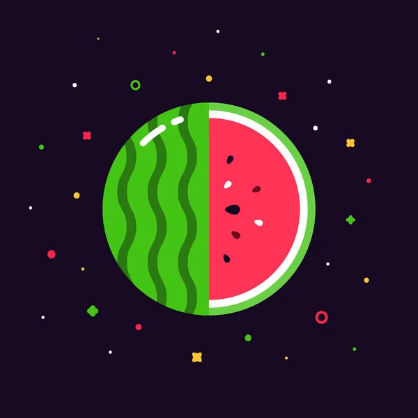 Watermelon fruit sphere with half slice logo, flat icon design template concept — ストックベクタ