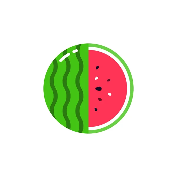 Watermelon fruit sphere with half slice logo, flat icon design template concept isolated on white background — ストックベクタ