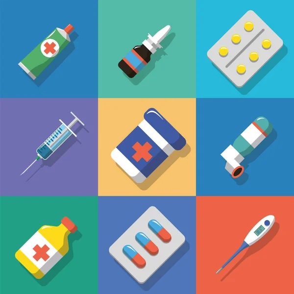Sokszínű háttér Gyógyászat és gyógyszerek ikonok beállított árnyékok. Lapos vektor illusztráció — Stock Vector