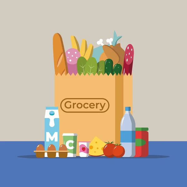 Diseño plano ilustración vectorial de color de productos alimenticios y bebidas que caen en una bolsa de papel, concepto para la venta al por menor . — Vector de stock