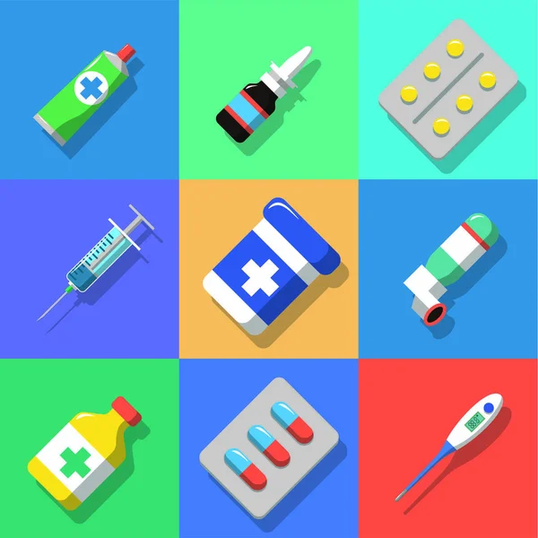 Sokszínű háttér Gyógyászat és gyógyszerek ikonok beállított árnyékok. Lapos vektor illusztráció — Stock Vector
