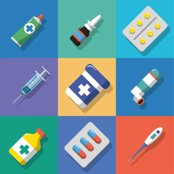 Veelkleurige achtergrond Medicijnen en drugs pictogrammen gezet met schaduwen. Platte stijl vector illustratie — Stockvector