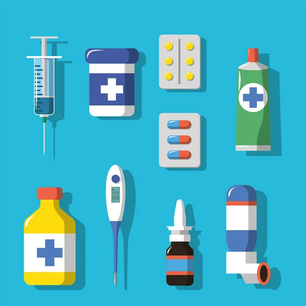 Iconos de medicina y drogas con sombras. Ilustración de vector de estilo plano — Vector de stock
