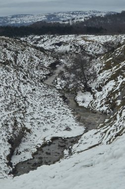 Daha önce bir Avrupa'nın en yüksek şelaleler ulaşan Nervion nehrin son sarma ve karlı bölümü. Manzara doğa nehirler kar. 23 Mart 2018. Rio Nervion Berberana Burgos Castilla-Leon İspanya.