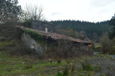 Tipik Bask ev Gorbeia doğal parkı terk edilmiş. Mimarlık doğa manzaraları. 26 Mart 2018. Gorbeia Tabiat Parkı. Urigoiti Bask Ülkesi. İspanya.