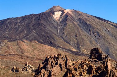 El Teide Ulusal Parkı 'nda güneşli ve çok açık bir günde Lav Kayaları oluşumlarının arkasındaki en yüksek zirve. 13 Nisan 2019. Santa Cruz de Tenerife İspanya Afrika. Seyahat Turizmi Sokak Fotoğrafçılığı.
