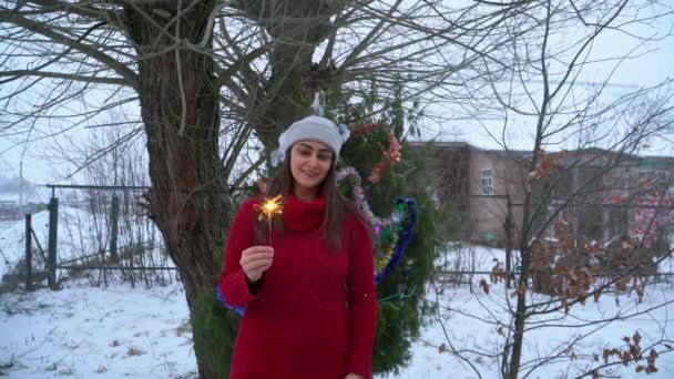 A girl lights a Sparkler in the winter, the countryside — Stok video