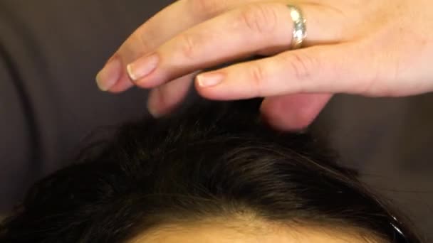 Le styliste peigne les cheveux frisés d'une fille brune — Video