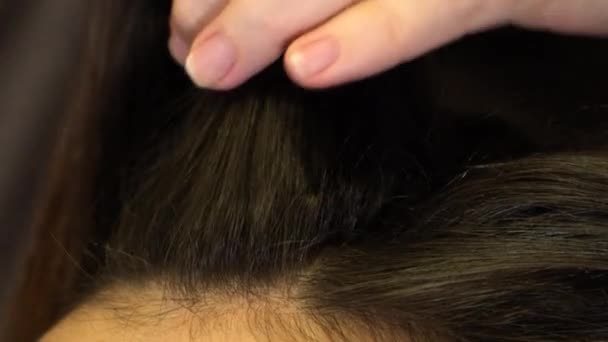 Stylist comb straightens hair strands of brunette girl — Stock Video