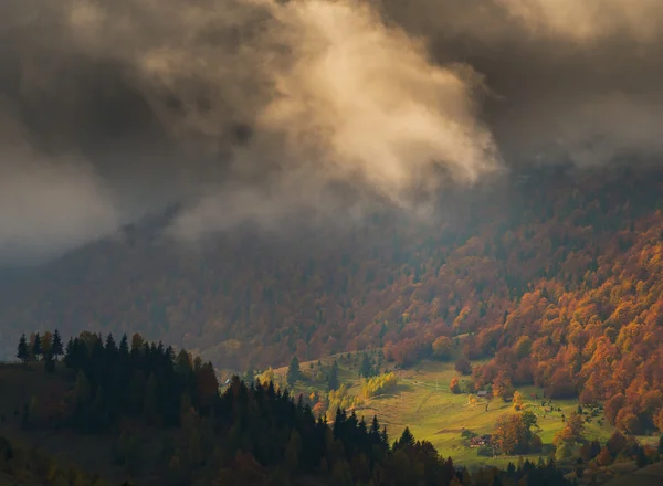 Jesienne Dekoracje Górach Pięknych Liści Chmury Deszcz Dramatyczne — Zdjęcie stockowe
