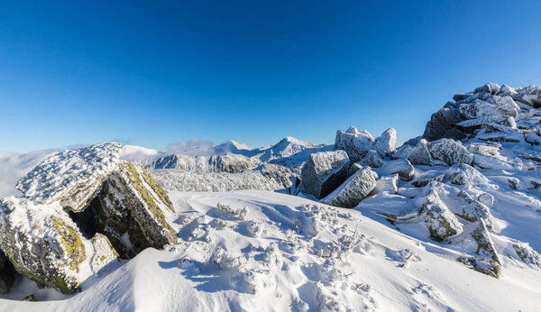 Beautiful winter scenery in the mountains, on a bright sunny day