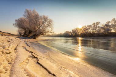 Güzel kış manzarası kapsamındaki frost, donmuş nehir boyunca ağaçlar ile