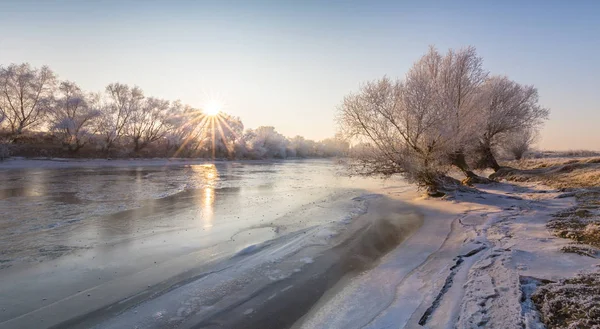 冷凍川沿いの霜で覆われた木の美しい冬景色 — ストック写真
