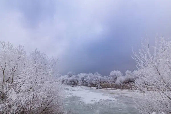 Gyönyörű téli táj fákkal hatálya fagy, fagyasztott river, és a vihar felhők — Stock Fotó