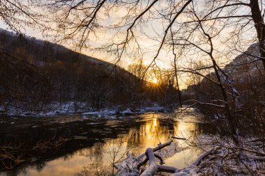 Ormanda ve vahşi nehir kış akşam manzarası